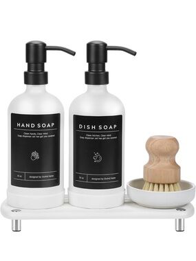 NIB Orchid Home Soap Dispenser Set 16oz,White Glass,Stainless Pump,Tray,Brush